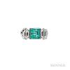 Platinum, Emerald, and Diamond Ring, the square-cut emerald flanked by fancy-cut diamonds, size 4 3/4.