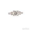 Platinum and Diamond Ring, centering a cushion brilliant-cut diamond weighing approx. 1.13 cts., flanked by cushion brilliant