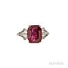 Ruby and Diamond Ring, the emerald-cut ruby weighing 4.21 cts., flanked by tapered baguettes, size 5 1/4. Note: Accompanied b