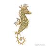 18kt Gold, Peridot, Diamond, and Ruby Brooch, Schlumberger for Tiffany & Co., c. 1960s, designed as a seahorse with peridot b