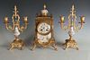 FRENCH BRONZE AND HAND PAINTED PORCELAIN CLOCK SET