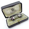 Antique Faberge 84 Silver and Enamel Figural Skull Cufflinks with Ruby Eyes and with Faberge Fitted Box.