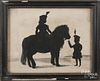 Watercolor silhouette of two children and a pony