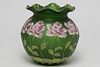 Green Satin Glass Globe Vase w. Hand-Painted Roses