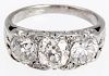 Ladies Platinum Diamond Three Stone Hand Engraved Filigree Ring