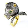 Vintage 18 Karat Yellow Gold, Round Cut Colored Diamond, Emerald Lion Head Ring.