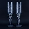 Pair Of Baccarat Crystal Candlesticks With Hurricane Shades Etched With Birds In Foliage.