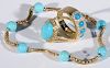 Three piece lot having two 14 karat gold rings set with turquoise with diamonds along with a 14 karat bracelet set with turqu
