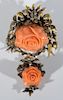 Victorian 14 karat gold brooch mounted with two roses, carved of coral and small diamonds. ht. 2 1/2in.