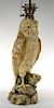T. Dadolini majolica owl oil lamp with glass eyes, set on naturalistic base, signed on back: T. Dadolini, 19th century, now e