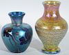Two Lundberg Studios art glass vases cabinet size, iridescent gold with swirling draped and pulled design marked Lundberg stu