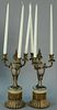 Pair of French style candelabras with three lights each mounted with center crystal urns on marble bases, ht