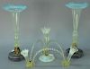 Three piece lot to include a two part art glass epergne, vaseline color with green twist and a pair of art glass vases in bro