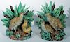 Pair of Hugo Lonitz Majolica quail and cattail planters, marked on bottom (repair to leaf tips, one beak chipped)