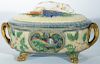 Minton Majolica covered tureen having basket weave body and cover with hunting dog finial and rabbit and pheasant panel on ea