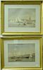 Fred S. Cozzens, pair of unique colored lithographs, Sailing Vessels with Lowered Sails and "Ice Boating in the Hudson", penc