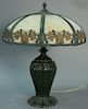 Panel shade table lamp on large urn style base, shade with reticulated flowers