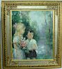 Jules Rene Herve (1887-1981), oil on canvas, Boy with Girl Holding Flowers by Stream, signed lower left and on verso: Jules R