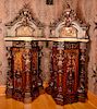 Pair of Renaissance Revival walnut and burl walnut cabinets with pierced carved top over bronze panel over shaped marble top