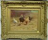 Walter Douglas (1868-1948), oil on canvas, Rooster with Hens in Barnyard, signed lower right: Walter Douglas, 12" x 16" Prove