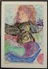 20th C Colored Pencil Abstract Woman Figure, Signd