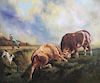 20th C. Western Landscape with Cows, Farmer