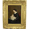 Antique Interior Painting of Mother & Child, Signd