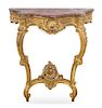 A Louis XV Style Giltwood Console Table Height 35 3/4 x width 33 3/8 x depth 15 inches.