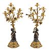 * A Pair of Louis XV Style Gilt and Patinated Bronze Figural Five-Light Candelabra Height 24 1/2 inches.