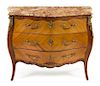 A Louis XV Style Bookmatch Veneered Commode Height 35 x width 42 1/2 x depth 20 inches.