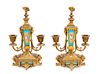 * A Pair of French Porcelain Mounted Gilt Bronze Two-Light Candelabra Height 11 1/2 inches.