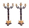 A Pair of Empire Style Gilt and Patinated Bronze Four-Light Candelabra Height 22 inches.