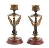 A Pair of Egyptian Revival Gilt Bronze and Marble Candlesticks Height 6 inches.