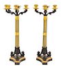 A Pair of Charles X Patinated and Gilt Bronze Six-Light Candelabra Height 26 inches.