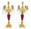 * A Pair of French Gilt Bronze and Sang de Boeuf Porcelain Five-Light Candelabra Height 17 1/2 inches.
