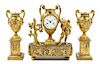 A Napoleon III Gilt Bronze Clock Garniture Height 13 x width 11 1/2 x depth 4 3/4 inches.