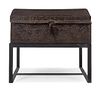 A Spanish Wrought Iron Mounted Embossed Leather Chest Chest height 18 x width 43 x depth 23 inches.