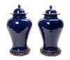 * A Pair of Chinese Cobalt Glazed Porcelain Covered Jars Height 20 inches.