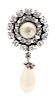 A Faux Mabe Pearl and Rhinestone Brooch with Drop Pearl Pendant Height 3 1/2 inches.