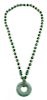 A Green Hardstone Bead and Goldtone Bead Necklace with Earrings Length of longest 32 inches.