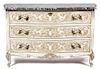 A Louis XV Style Carved and Painted Marble Top Commode Height 34 1/2 x width 53 3/4 x depth 18 inches.