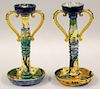 NEAR PAIR OF CANTAGALLI MAIOLICA CANDLE HOLDERS