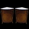 Pair of Gilt Bronze Mounted Mahogany and Inlaid Marquetry Inlaid Encoignures (corner cabinets) with Carrara Marble Top.