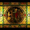 Antique German Hand Painted Stained Glass Window, Religious Scene, in Wooden Frame.