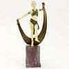 Art Deco Carved Ivory and Bronze Dancer on Marble Base.