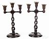 Pair of English oak candelabra, late 19th c., with brass bobeches, 13 1/2'' h.