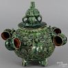 Redware green glaze covered tureen, 13 1/2'' h., together with six cups.