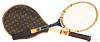 Louis Vuitton mongrammed racket cover, together with two early rackets by Spaulding and Snauwaert.