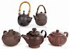 Five Chinese Yixing teapots, 20th c., tallest - 4 1/2''.