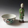A SET OF CHINESE ANTIQUE FAMILLE ROSE PORCELAIN BOLW AND FIGURE